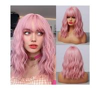 Wigs for Women Cosplay Heat Resistant Fake Hair Dark Brown Natural Wave Synthetic Wig with Bangs for Black Women Afro Bob Medium Wig for Daily Party Use(Color:LC210-1 wig)