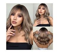 Wigs for Women Cosplay Heat Resistant Fake Hair Dark Brown Natural Wave Synthetic Wig with Bangs for Black Women Afro Bob Medium Wig for Daily Party Use(Color:LC1006-1 wig)