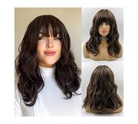 Wigs for Women Dark Brown Wavy Synthetic Wig with Near Bangs and Natural Hairline, Medium Length Wavy Bob Wigs for Women Daily Cosplay Soft Heat Resistent Hair Wig for Party Cosplay Wig