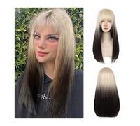 Wigs for Women Long Straight Hair Wig with Bangs, Blonde Gradient Black Grey Straight Wig, Natural Heat Resistant Synthetic Party Costume Cosplay Wig for Women for Party Cosplay Wig