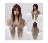 Wigs for Women Long Synthetic Ombre Brown Gray Wig with Bangs Straight Cosplay Natural Wigs for Black Women Heat Resistant Fake Hair for Party Cosplay Wig
