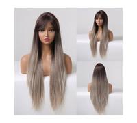 Wigs for Women Long Synthetic Ombre Brown Gray Wig with Bangs Straight Cosplay Natural Wigs for Black Women Heat Resistant Fake Hair for Daily Party Cosplay Use