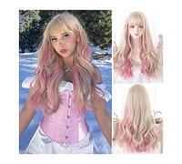 Wigs for Women Long Wavy Curly Wig with Bangs, Blonde Highlights Pink Curly Wig for Women Girls Lolita Cosplay Wig Natural Heat Resistant Party Wig Women's Wigs