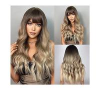 Wigs for Women Ombre Brown Golden Wave Wig with Bangs Synthetic Long Curly Hair Wigs for Women Female Fake Har Heat Resistant Fiber for Party Cosplay Wig
