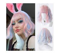 Wigs for Women Pink Mixed Blue Synthetic Hair Wigs for Women Girls, Short Curly Bobo Wig with Bangs, Short Bobo Cosplay Wig, Party Costume Halloween Use for Party Cosplay Wig