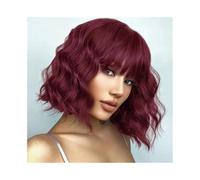 wigs for women Red Short Deep Wavy Bob 100% Human Hair Wig With Bangs for Women wig with bangs(16inches)