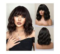 Wigs for Women Short Bob Wigs with Bangs, Black Mixed Brown Color Short Wavy Bob Wig Natural Realistic Heat Resistant Synthetic Fiber wigs with Bangs for Women for Party Cosplay Wig