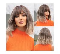 Wigs for Women Short Curly Ash Brown Bob Wigs with Dark Root, Synthetic Wavy Bob Wig with Bangs Natural Hair Ombre Heat Resistant Bob Wig for Women Girl for Party Cosplay Wig