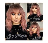 Wigs for Women Short Ombre Pink Bob Wig with Bangs Synthetic Curly Dark Roots Wigs for Women Shoulder Long Cosplay Daily Hair Heat Resistant for Party Cosplay Wig
