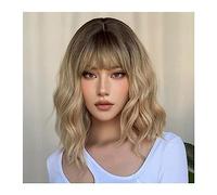 Wigs for Women Short Wavy Bob Synthetic Wigs Brown to Blonde Ombre Hair Wigs for Women with Bangs Cosplay Lolita Natural Wig Heat Resistant for Party Cosplay Wig