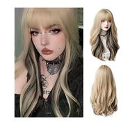 Wigs for Women Synthetic Long Wavy Curly Hair Wigs with Bangs, Blonde Highlights Black Lolita Cosplay Party Wigs, Natural Curly Heat Resistant Wigs for Women Girls for Party Cosplay Wig