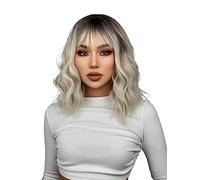 Wigs for Women Wave Natural Heat Resistant Hair Ombre Blonde Short Bob Synthetic Wig for Women with Bangs White Gold Body Wig for Daily Party Use(Color:TB056-18)