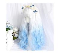 Wigs for Women White Gradient Blue Cosplay Wig, Synthetic Long Curly Wave Wig with Bangs Soft Natural High Temperature Synthetic Wig for Party Costume Halloween Use for Party Cosplay Wig