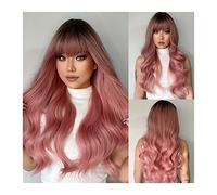 Wigs Gray Pink Wigs with Bangs, 26" Long Wavy Ombre Pink Wigs with Dark Root for Women, Heat Resistant Synthetic Hair Wigs for Daily/Cosplay/Party Wig