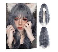 Wigs Haze Blue Wigs, Long Wavy Curly Wig with Bangs for Women, Natural Looking Matte Synthetic Wavy Wigs for Girls Ladies Cosplay Party Daily Wear Wig