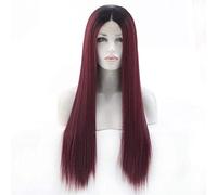Wigs Heat-Resistant Synthetic lace Natural Party Long Straight Hair woman European and Fashion Gradient Burgundy Wig caps (16 Inches)