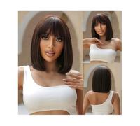 Wigs Human Hair, Dark Brown Short Bob Synthetic Hair Wigs with Bangs Straight Cosplay Lolita Natural Wig for Women Afro Blunt Cut Heat Resistant