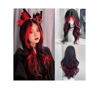 Wigs Human Hair Long Wavy Synthetic Black Ombre Red Highlights Wig Middle Part Fluffy Women Wig Wigs for Women