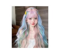 Wigs Human Hair Natural Wavy Hair Wig for Women Cosplay Heat Resistant 28Inch Iridescent Rainbow Color Multicolour Synthetic Wigs with Bang Long Wigs for Women