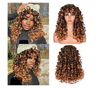 Wigs Human Hair Red Brown Copper Ginger Short Curly with Bangs Synthetic Wigs for Women Wave Wigs Heat Resistant Hair Cosplay Hair Pelucas De Mujer Pelo Humano(D)