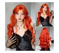 Wigs Human Hair, Red Gradient Eight-character Bangs Big Wave Long Curly Hair Fashion Full Halloween Wig(Carmine Orange)