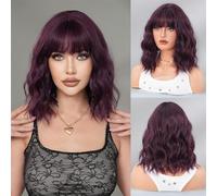 Wigs Human Hair, Short Curly Bob Wig for Women with Bangs - Heat Resistant Synthetic Fiber(Rose red)