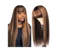 Wigs Human Hair Wig with Bangs Ombre Highlight Brown Straight Hair for Women Density 180% Women Wig(16inches)