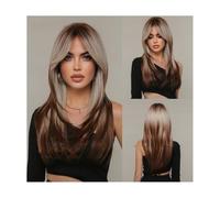 Wigs Human Hair, Wig Women's Mid-character Bangs Gradient Dye Brown Long Straight Hair Full Hood wig wig