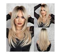 Wigs Human Hair, Women's Blonde Long Straight Heat Resistant Wig with Bangs for Day Party, Synthetic Layered Hair