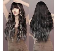 Wigs Long Body Wavy Silver Ash Hair Wig with Bangs for Women Daily Party High Density Hair Ombre Wigs Heat Resistant Fiber Women Wig(MW9109-1)
