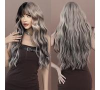 Wigs Long Body Wavy Silver Ash Hair Wig with Bangs for Women Daily Party High Density Hair Ombre Wigs Heat Resistant Fiber Women Wig(MW9104-1)