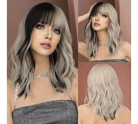 Wigs Long Body Wavy Silver Ash Hair Wig with Bangs for Women Daily Party High Density Hair Ombre Wigs Heat Resistant Fiber Women Wig(MW6153-1)