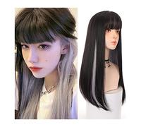 Wigs Long Straight Hair Wig with Bangs Natural Black with Highlight Silver Straight Wig Synthetic Straight Daily Party Cosplay Wig for Women Wig