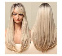 Wigs Long Straight Ombre Brown Blonde Synthetic Wigs with Side Bangs Cosplay Daily Wigs for Women Heat Resistant Fake Hair Lace Wig(02)