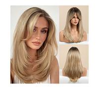 Wigs Long Straight Synthetic Wigs with Dark Roots, Ombre Black Blonde Ash Wigs with Bangs 20" Fashion Heat Resistant Wigs for Women Daily Party Use Wig