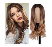 Wigs Long Wavy Wig 28 Inch Ombre Brown Blonde Wigs with Dark Roots for Women Medium Part Synthetic Wig with Natural and Fluffy Hairline for Daily Use