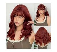 Wigs Middle Length Red Brown Curly Wig with Bangs Synthetic Cosplay Wavy Natural Hair Wigs for Women Daily Heat Resistant Fibre Wig