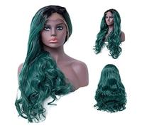 Wigs Ms. European and Fashion Gradient Green Curly Black Wig lace Front Beautiful Long Wavy Harajuku Style Cosplay (24 Inches)