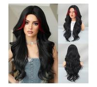 Wigs, Multi-color optional fashion ladies middle parting highlights long curly hair wig sets big wave mechanism wig Human Hair Wig(Black 1-76cm)
