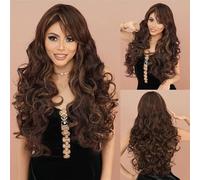 Wigs Red Brown Wig Long Curly Hair Wig for Woman Daily Synthetic Wigs With Bangs Wig Straight/Curly Wigs(Dark brown)
