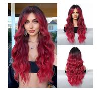 Wigs, Red Gradient Eight-character Bangs Big Wave Long Curly Hair Fashion Full Halloween Wig,Wigs Human Hair(Meera Red)