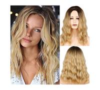 Wigs Short Curly Ombre Blonde Bob Hair Wigs for Women Fashion Synthetic Middle Part Wig with Brown Roots Medium Long Wavy Heat-resistant Fiber Wig Women Wig