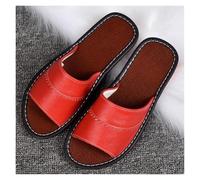 WIGSELBL Leather Flat Slides Sandals Summer Classic Open Toe Sandals,Couple's Home Indoor Breathable Non-slip Slippers,Office Slippers Casual House Shoes(Red,EUR38-39)