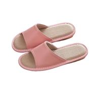 WIGSELBL Top Grain Cowhide Leather House Slippers Sandals,Linen Insole Non Slip Breathable Flexible Indoor Home Shoes for Men Women(Pink,EUR36-37)