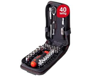 Wiha 333-94 Socket Set 40 pcs Metric 1/4 Drive, Red | Supplied in a multifunctional belt-clip bag to keep tools organised and readily accessible while working.