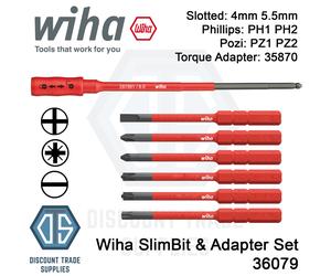 Wiha Replacement SlimTorque VDE SlimBit 7 Piece Set 36079 Slotted Phillips Pozi
