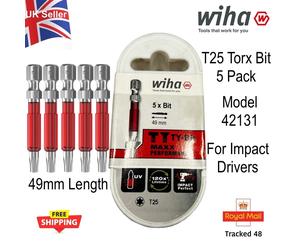 Wiha T25 Torx® TY 5 Pack Impact Driver Bits 49mm Length Model 42131 1/4" E6.3mm