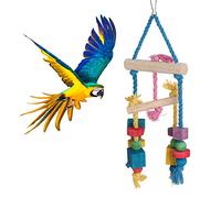 WIHFHGZ Colorful Wood Block Bird Toy with Cotton Rope, Hanging Chewing Swing Accessory for Parrots, 34x14.5x8cm - Sturdy Bite - Design, Easy Installation, Stress Relief for Sma