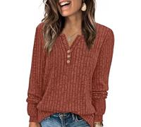 WIHOLL Jumpers for Women UK Long Sleeve Tops Women V Neck Ladies Sweatshirts Button Down Lightweight Tunic Tops Size 18-20 Caramel