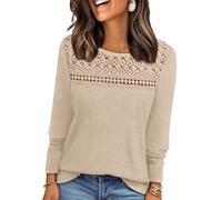 WIHOLL Ladies Jumpers Long Sleeve Tops Womens Lace Blouse Trendy Waffle Knit Jumpers Dressy Casual Beige Size 10-12 M
